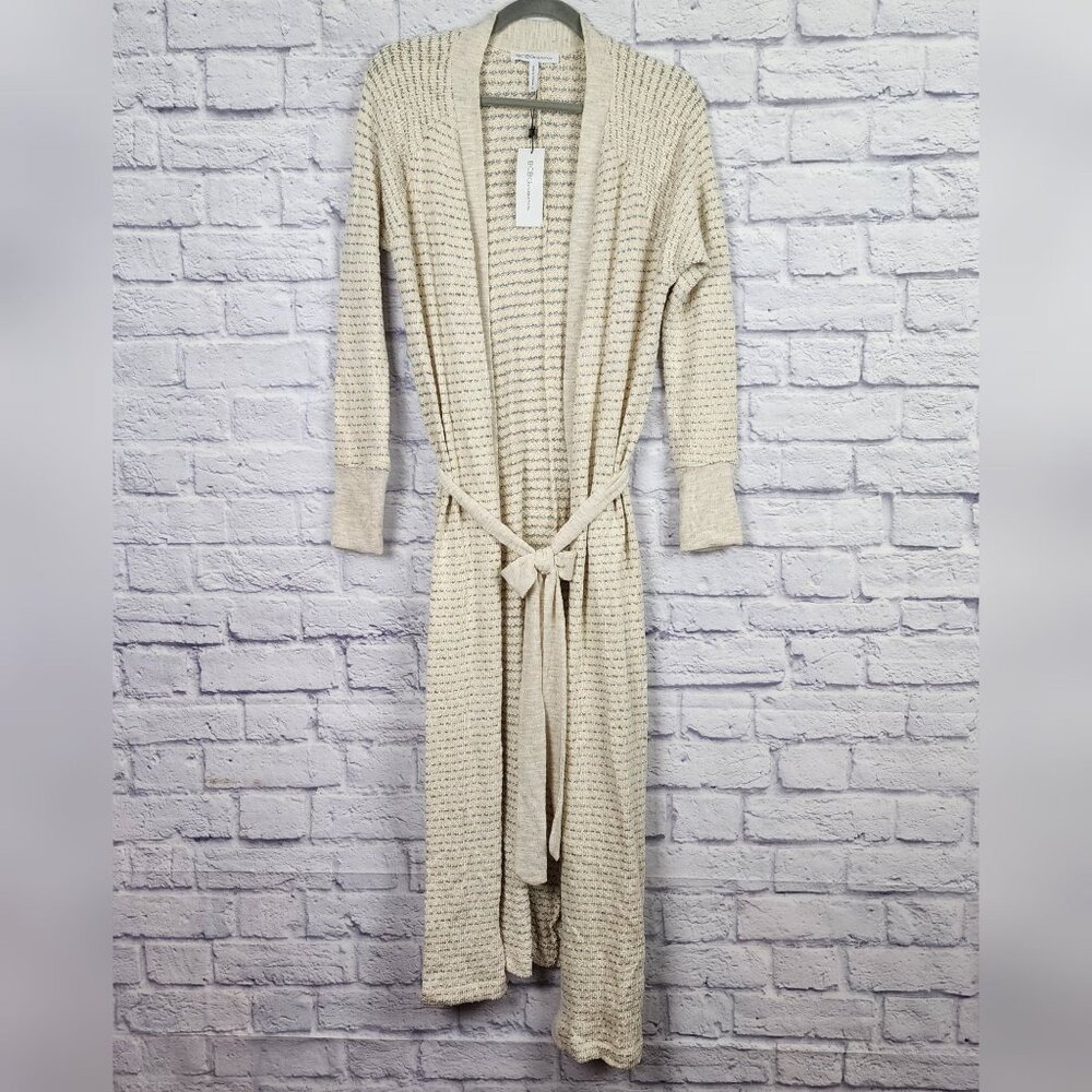 BCBGeneration Women's Size Medium Beige Striped Long Open Front Cardigan Sweater